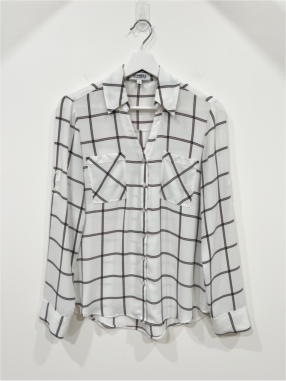 Express The Portofino Shirt White Plaid Button Down Blouse Size Small